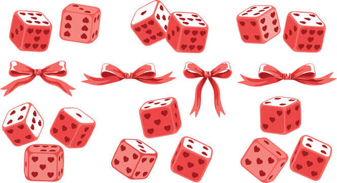Red hearts dice and ribbons on white background for games and luck concepts