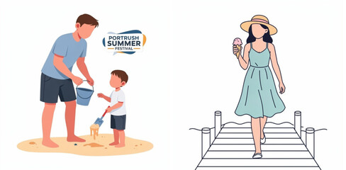 Fototapeta premium Family enjoying summer festival at beach with ice cream and sandcastle