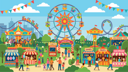 Colorful Funfair and Amusement Park Illustration with Roller Coaster, Ferris Wheel, and Food Stalls © ElcinSoft
