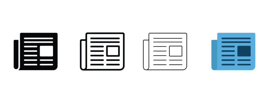  newspaper icons in black blue and white colors on a white background for reading and publishing concepts