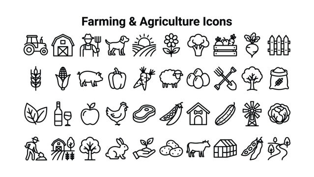Farming and agriculture icons set including tractor barn farmer dog sun flower broccoli crate beet fence bag and many more  farming icons