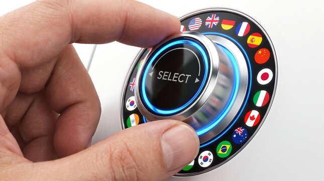 Global language selection dial with international flags turned by a person for website translation or world business use