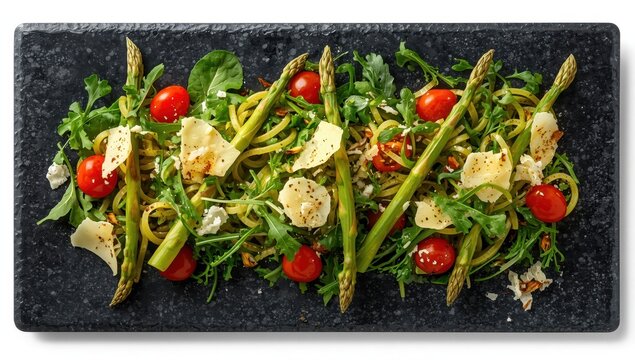 Chilled pasta salad with asparagus, arugula, fresh tomatoes, and parmesan served on a dark stone plate.