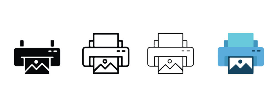 printer icons with various design styles and colors on a white background for graphic design and technology concepts