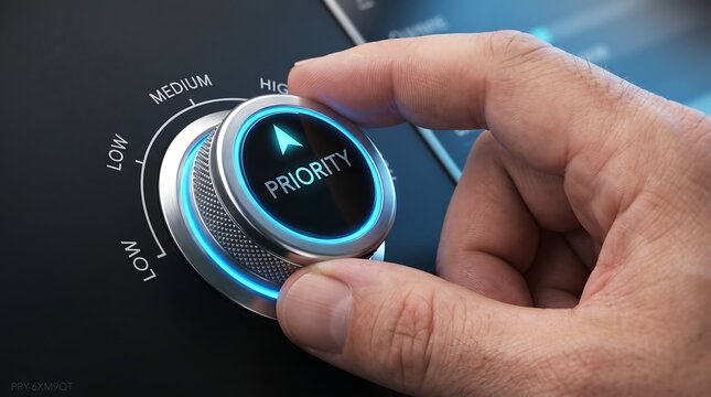 Business hand turning a metallic priority knob to high level for task management efficiency in modern office space.