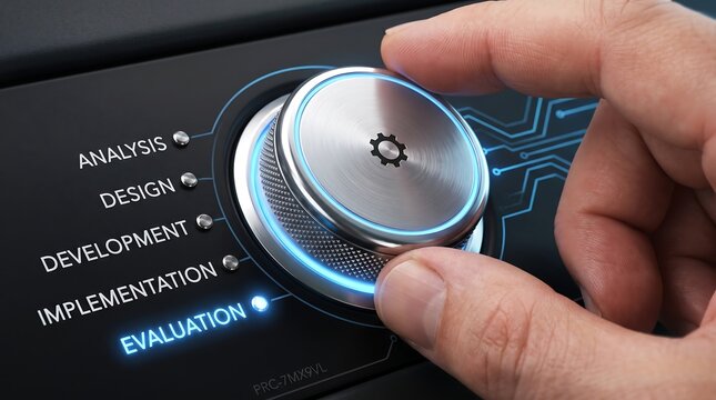 Metallic project management dial knob being turned by hand to evaluation phase for business optimization concept