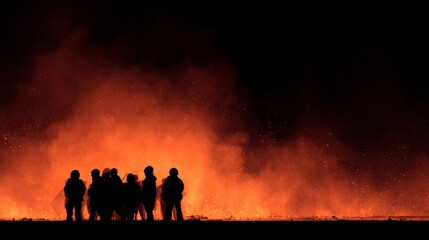 Fototapeta premium Firefighters standing resolutely in front of a massive blaze engulfing a building at night, watching as sparks and smoke rise dramatically into the dark sky