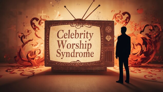 A psychological condition characterized by obsessive admiration for celebrities, depicted with a man silhouette in front of a paper cut TV.