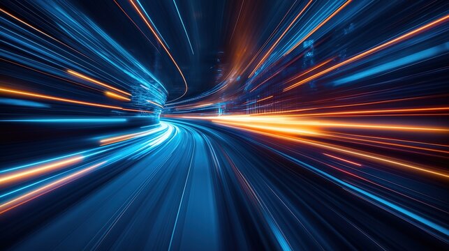 High speed light with blue and orange stripes in abstract, futuristic technological concept, showing motion blur against fast forward timeline background, creating a captivating visual effect that rep
