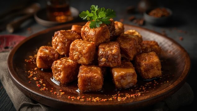 Cubes of fried liver against a dark backdrop. Traditional Turkish dish Arnavut Cigeri. Horizontal close-up.