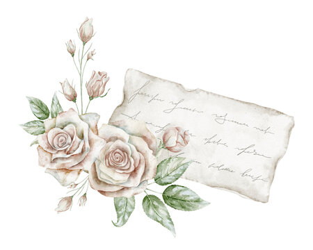 Watercolor letter with roses vintage stationery composition. illustration of romantic floral arrangement with handwritten paper for invitations, branding and decorative projects.