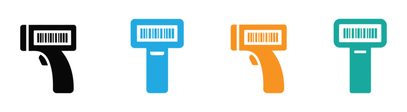  barcode scanner icon set. Includes standing, pole mounted and wall mounted variations. handheld barcode scanners in various angles for retail, inventory, logistics, and technology design use.