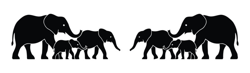 elephant silhouettes. Elephant Family Icon - Mother and Calf. silhouette of elephant with baby elephant. Silhouette of a mother elephant walking with her baby calf. © Jannat