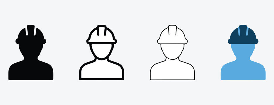 Four different colored worker silhouettes wearing hard hats side by side on light gray background