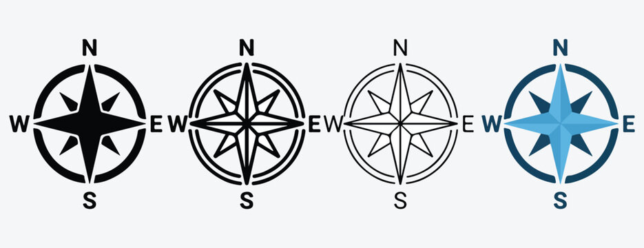 Four different compass rose navigation symbols with north south east west directions on gray background for travel and orientation purposes  various styles and colors