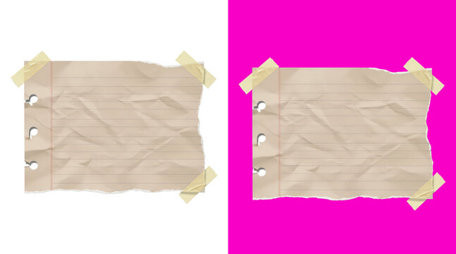 A piece of lined notebook paper with three ring holes, attached with beige adhesive tape, isolated on a white background, for office notes isolated on a transparent background