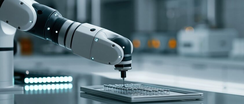 Future forward automation concept a sleek articulated robot arm precisely pipettes medical sample vials in a sterile hightech laboratory, ideal for pharma, biotech, and AI innovation.