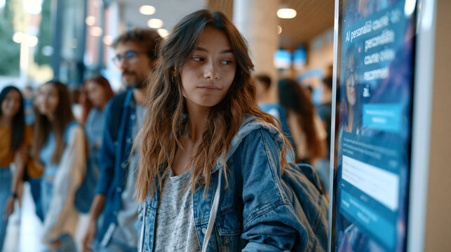 Crowded university hallway during back-to-school week where students pass large touchscreen kiosk displaying AI personalized course recommendation interface, one student pausing with skeptical curio