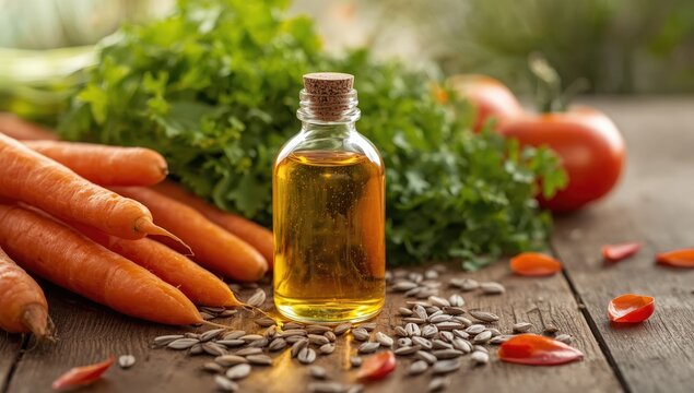 Glass bottle of carrot seed oil alongside fresh veggies and dry seeds on a rustic wooden table, natural skincare idea.