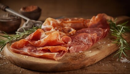 Fototapeta premium Cured meats like jamon serrano, jamon iberico, smoked sausage, and prosciutto on a wooden board with a rustic backdrop.