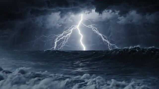 Powerful Storms and Ocean Waves in Dark Sky.