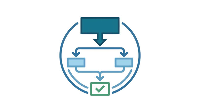 Conceptual workflow diagram icon showing a process flow with a final completion checkmark.