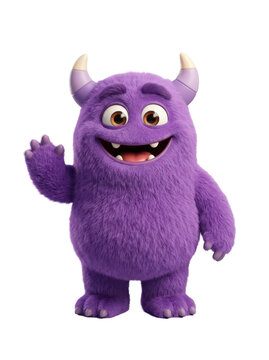 Friendly purple monster waving with a warm smile on a white background