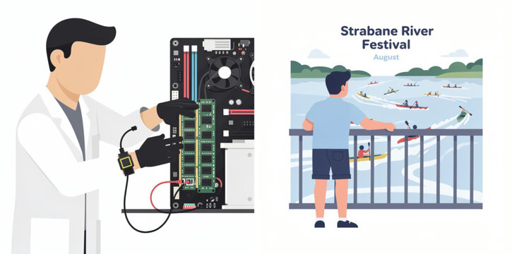 Tech professional installing server hardware and river festival event poster