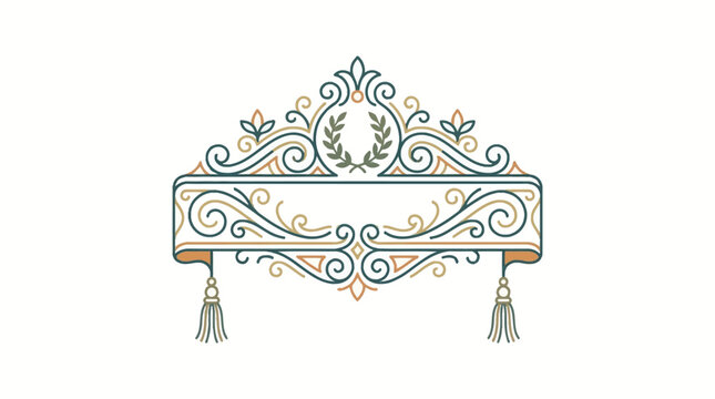 Vintage ornamental banner with ornate scrollwork and tassels.