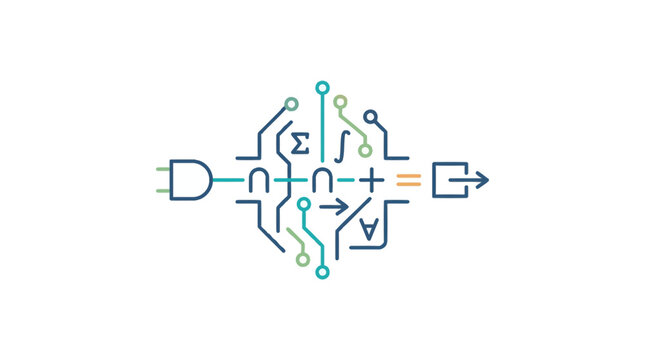 Abstract digital logic circuit design with mathematical symbols and electronic pathways.