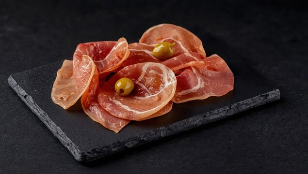Starter featuring dry-cured Serrano or Iberian ham, Italian prosciutto crudo with green olives on a slate board. Meat slices on a dark surface.