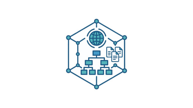 Abstract data structure icon featuring a hierarchical network within a hexagonal frame.