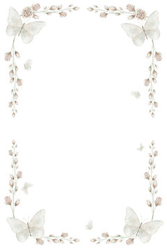 Watercolor butterfly botanical Frame. Illustration of floral template with moth and rose flowers in pastel colors. Botanical Backdrop with branches for wedding stationery and feminine projects.
