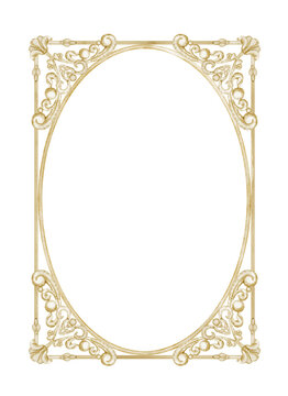 Watercolor wrought iron rectangular frame. Illustration of vintage baroque golden border for wedding invitations, certificates, luxury stationery and feminine branding projects. Template for cards.