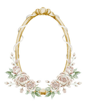 Watercolor oval wrought frame with roses and ribbons. Illustration of floral wreath for wedding invitations, feminine stationery in vintage baroque style. Art of delicate border for greeting cards.