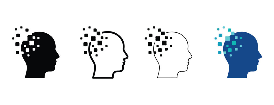 Four human head silhouettes with pixels coming out  representing data loss or mental health    concepts of technology and psychology