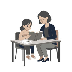 Obraz premium Minimalist of Adult and Child Engaged in Reading Together at a Table with School Supplies with high quality professional line art symbols for modern creative design and digital branding projects
