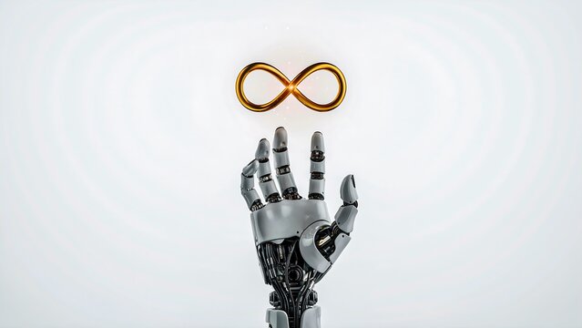 Robotic hand reaching toward infinity symbol representing artificial intelligence innovation and limitless technology