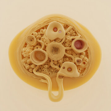 Lymph node cross section with lymphoid follicles and hilum vessels in warm amber gold tones on warm cream background