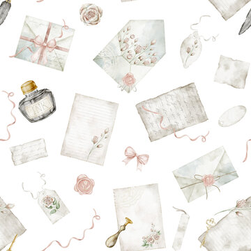 Stationery watercolor seamless Pattern. illustration with envelopes, letters, inks bottles and writing accessories on isolated background. Decorative vintage backdrop for scrapbooking and wrappings.