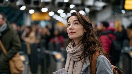 Fototapeta premium Surveillance camera dense urban transit corridor at rush hour, single commuter holding privacy rights pamphlet looking up directly at clustered AI recognition sensors mounted above turnstiles, crowd