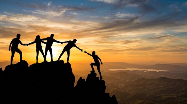 Group of diverse people helping each other to climb rocky mountain at sunset silhouette team effort.