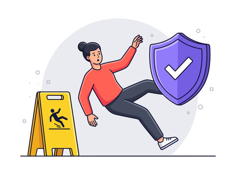 Liability Insurance Protection Concept: Woman Slipping Near Caution Sign Saved by Safety Shield