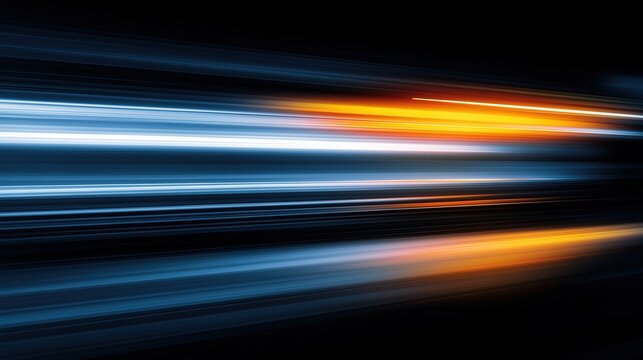 High speed light with blue and orange stripes in abstract, futuristic technological concept, showing motion blur against fast forward timeline background, creating a captivating visual effect that rep