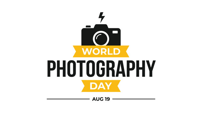 Minimalist black and yellow graphic design celebrating world photography day with a modern camera icon