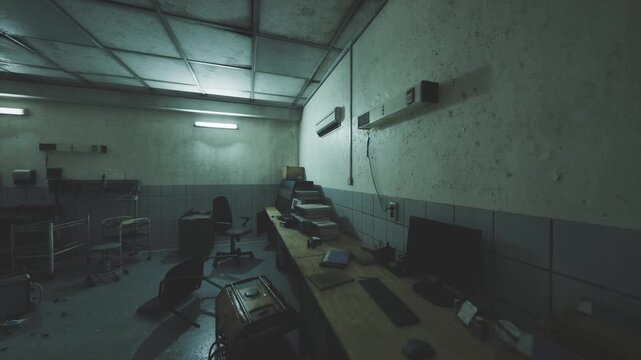 Abandoned lab office with scattered monitors and boxes on a long counter, muted lighting and peeling paint salvage crew narrative shows packing, cataloging,