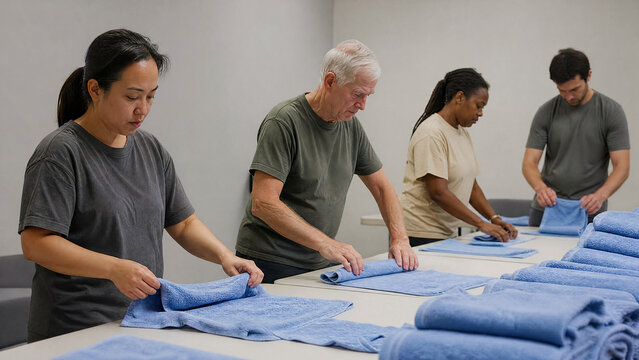 Group of people folding towels in a community center during a volunteer event on a weekday afternoon