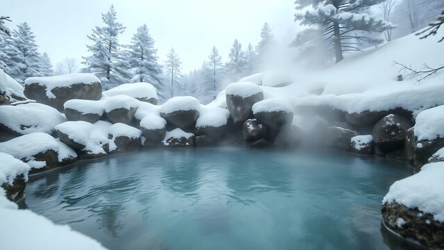 snow covered trees with hotspa