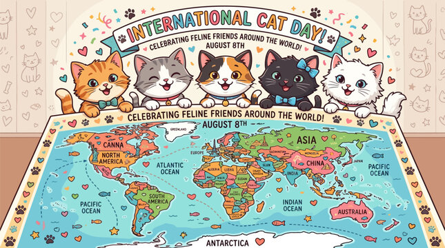 International cat day celebration featuring five cute cartoon kittens peeking over a colorful world map illustration for global feline appreciation