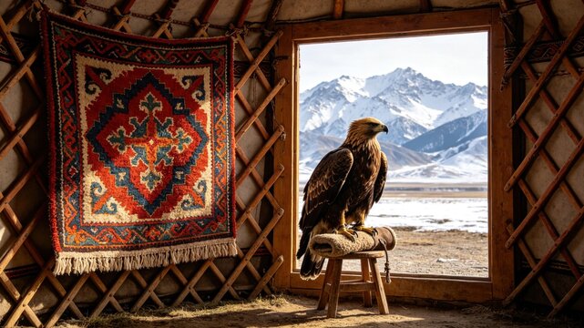 Colorful felt shyrdak rug on yurt lattice, golden eagle on glove, Central Asian nomadic concept.